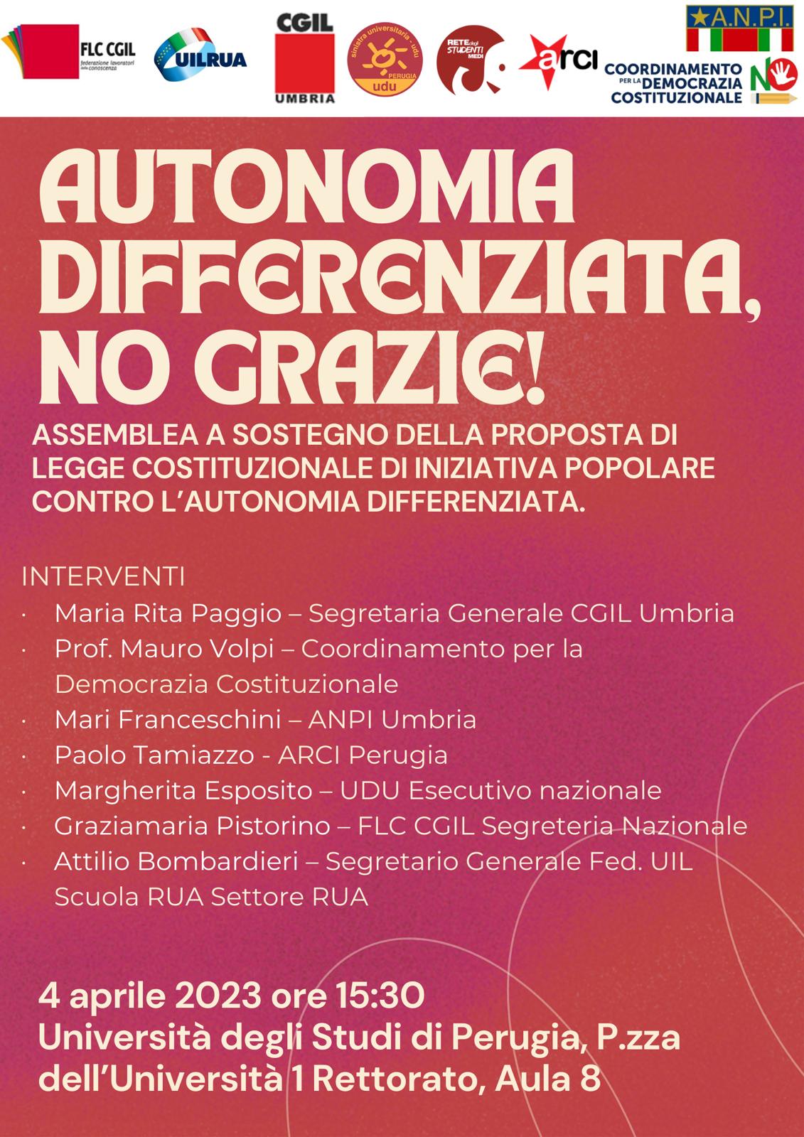 Autonomia differenziata, no grazie. Incontro a Perugia 4 aprile